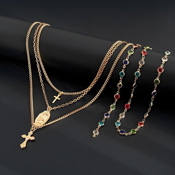 Gold Layered Cross Necklaces Set for Women Dainty Vintage Virgin Mary Jewelry - Picture 2 of 8